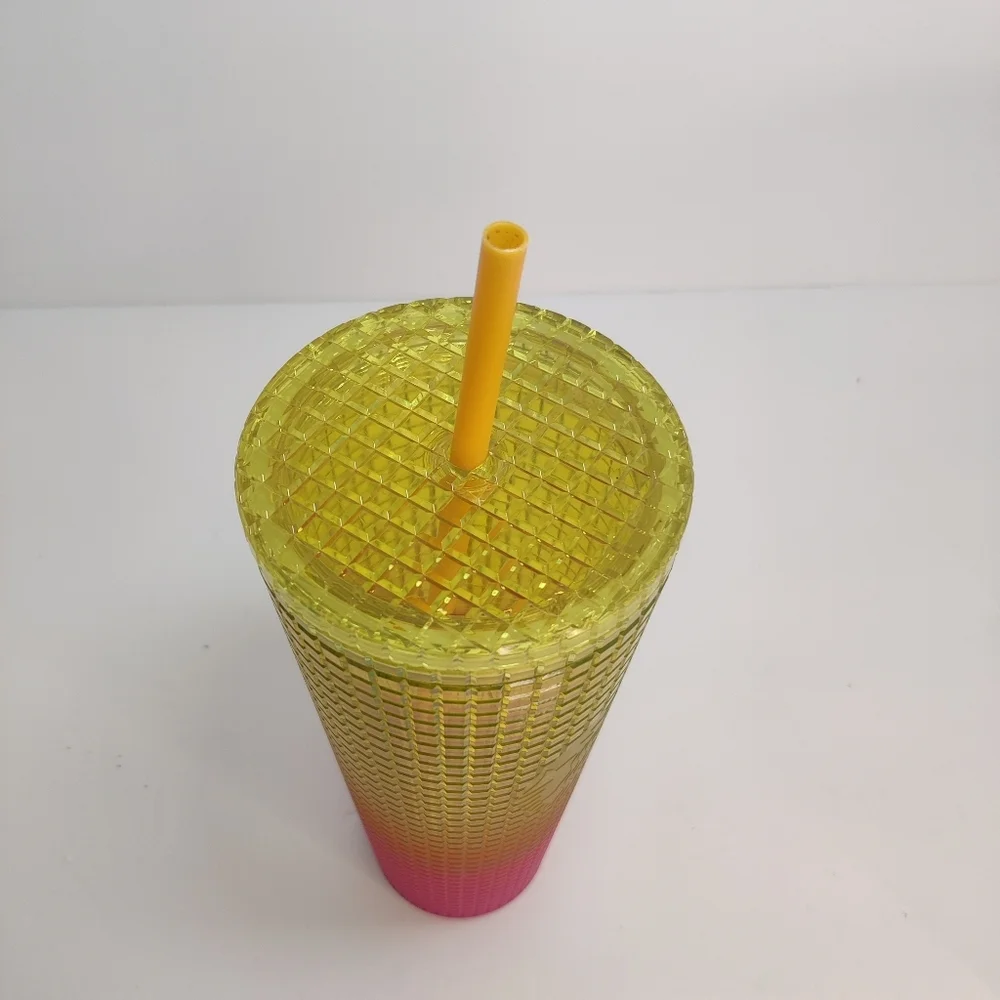NEW Starbucks Tumbler Grid Texture Large Venti 24 oz Pink Yellow Straw 2022 - Picture 5 of 10